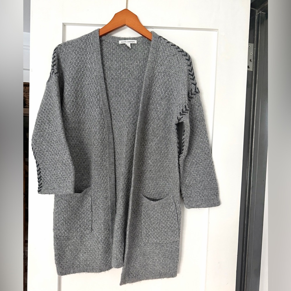 Autumn Cashmere Open Heather Gray Cardigan with Black Stitching